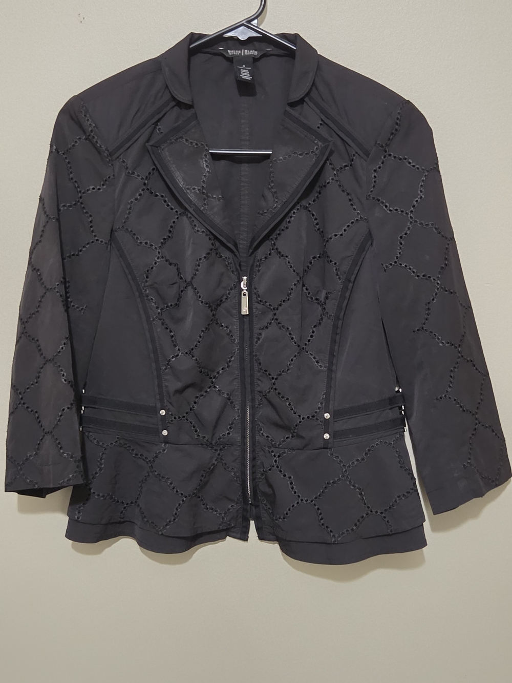 WHBM Black Eyelet Moto Peplum Jacket Women’s Size 4 Rhinestone Studded
